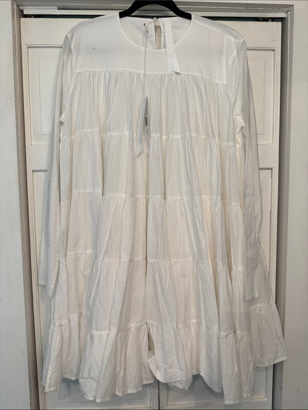 Women's White Tiered Midi Dress with Long Sleeves